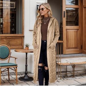 Women Hooded Open Front Cardigan Cable Knit Sweater Coats Khaki Chunky Oversized